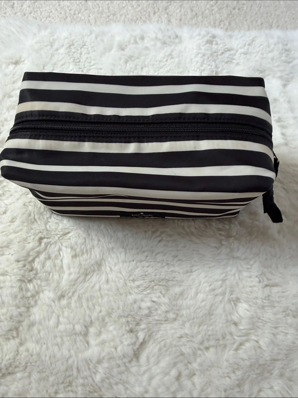 KATE SPADE,  black and white striped makeup pouch